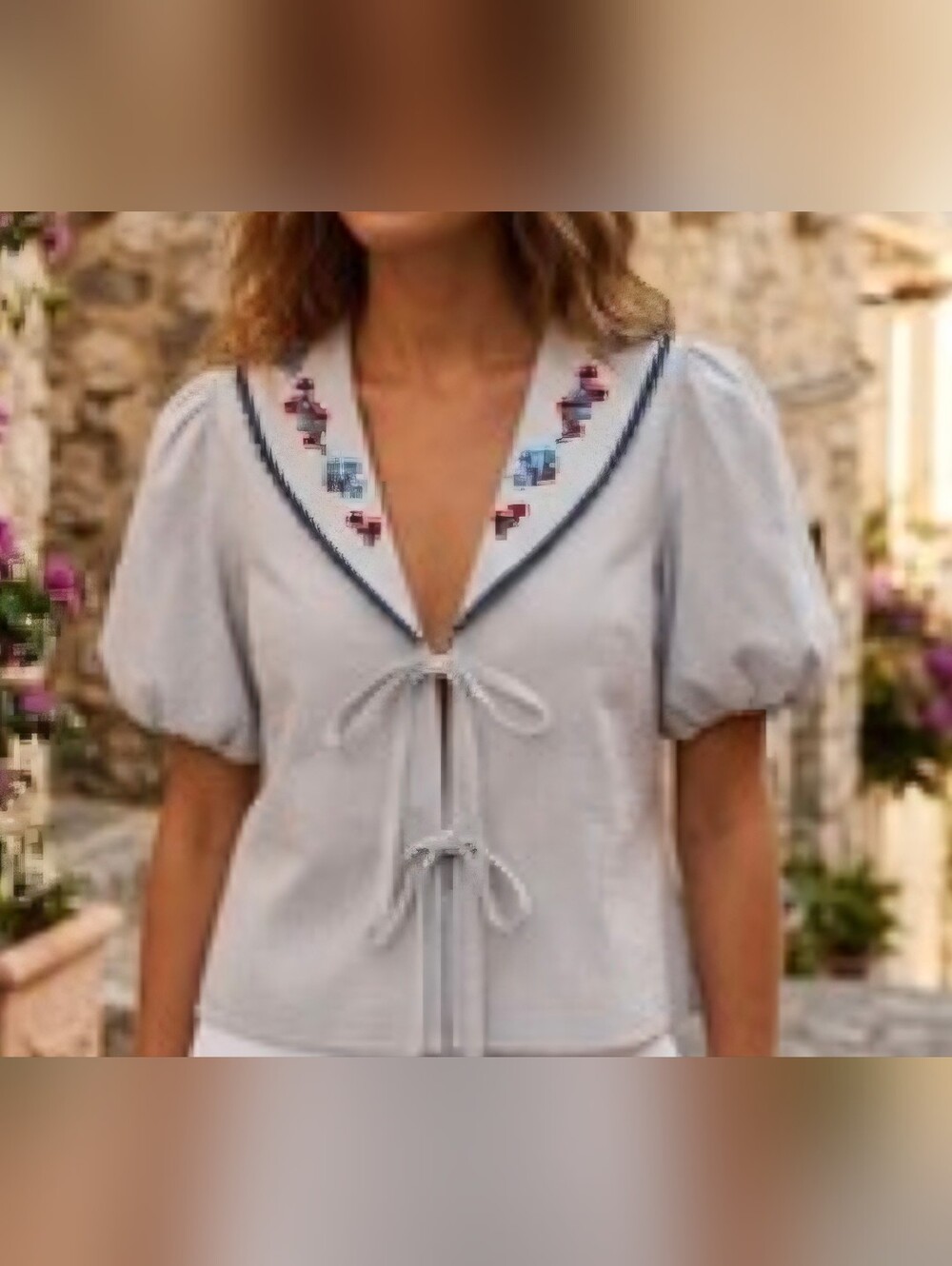 Caroline Constas Embroidered Cream Blouse with Navy Trim - Picture 6 of 6